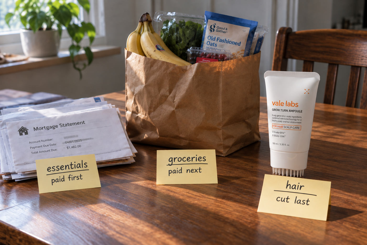 A kitchen table with a mortgage statement, a grocery bag and sticky notes reading essentials paid first, groceries paid next and hair cut last, beside the Vale Labs GROW:TURN Ampoule