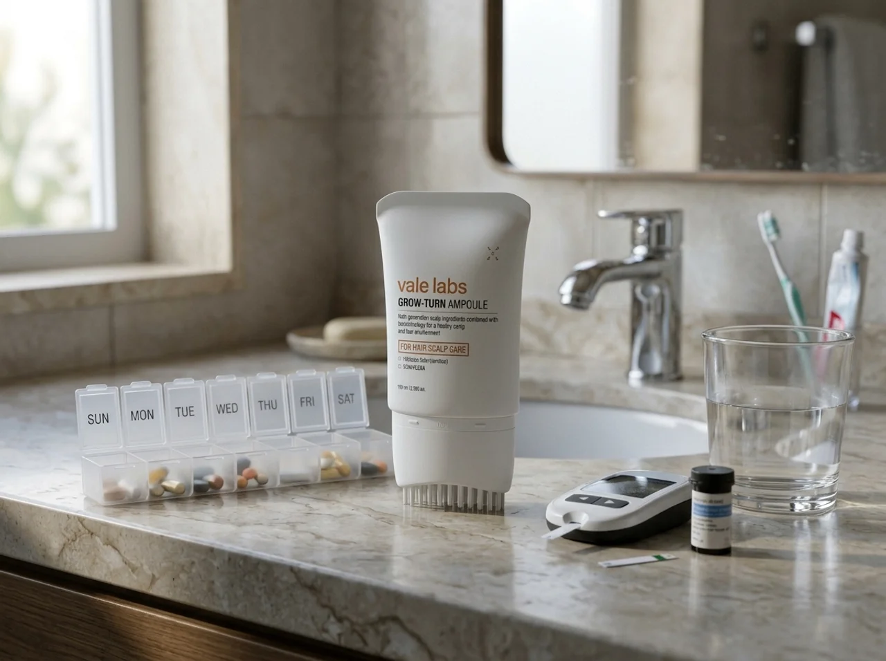 The Vale Labs GROW:TURN Ampoule on a bathroom counter beside a weekly pill organiser, a glucose meter, test strips and a glass of water