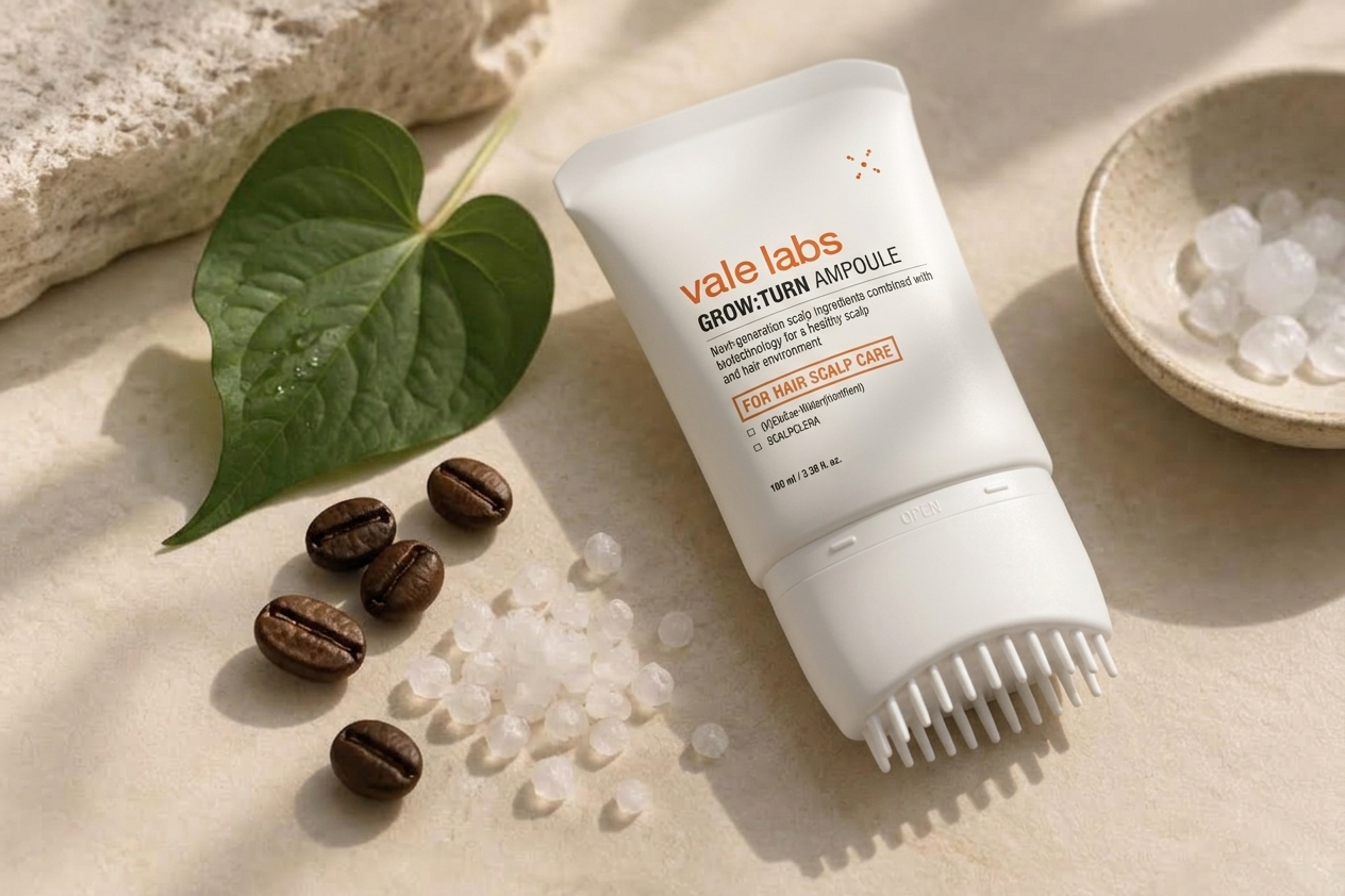 The Vale Labs GROW:TURN Ampoule on a warm counter with heartleaf leaves, coffee beans and its 38-bristle applicator cap