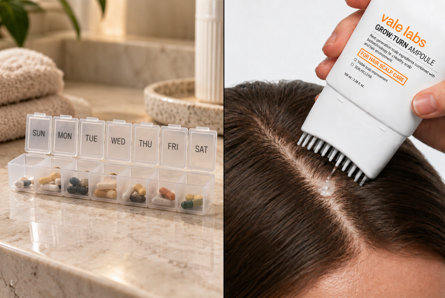 Left: a weekly pill organiser on a bathroom counter. Right: the Vale Labs GROW:TURN Ampoule's 38-bristle applicator placing serum directly on the scalp