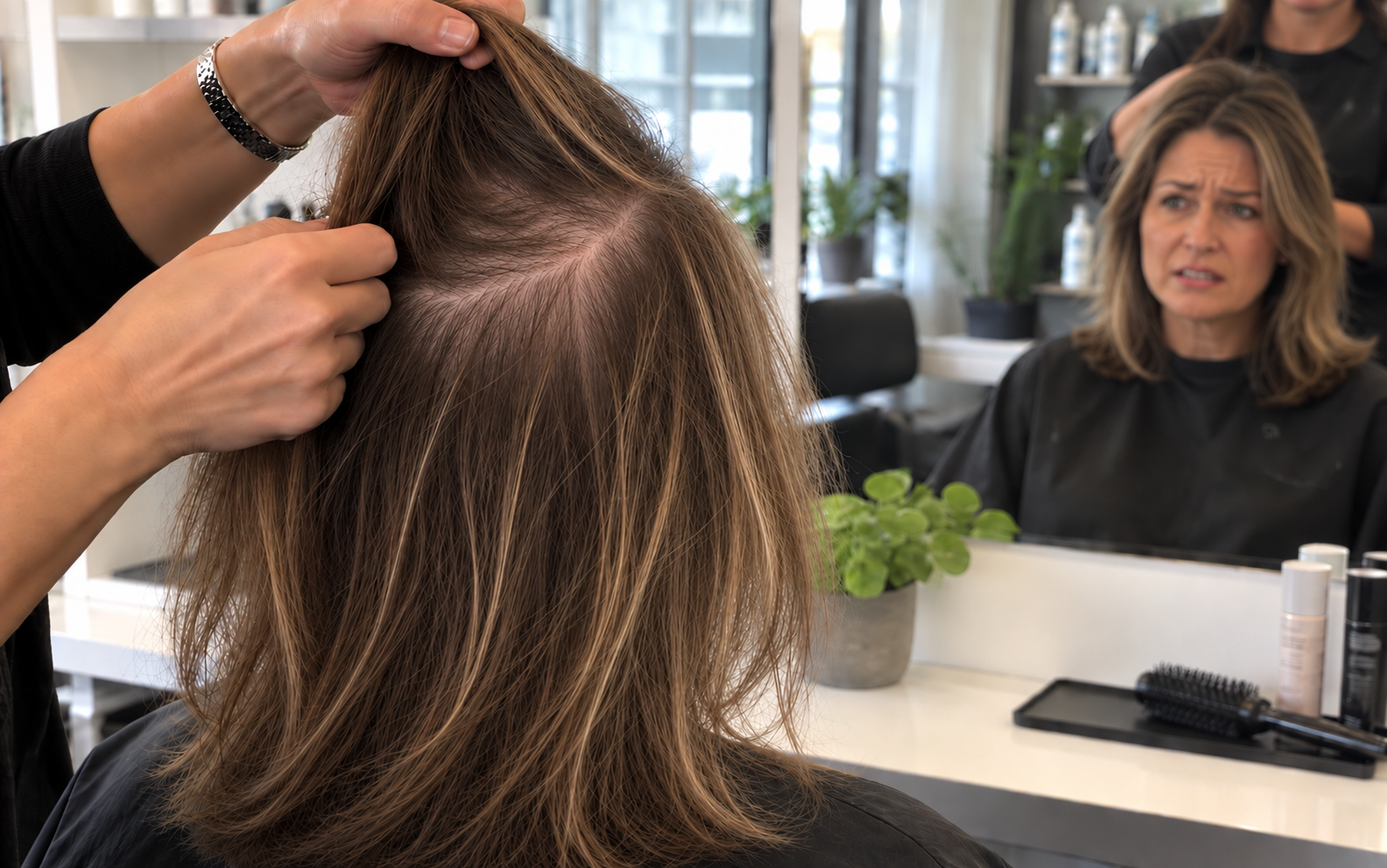 A stylist lifting a section of hair at the salon, showing the wide part in a woman's thinning hair