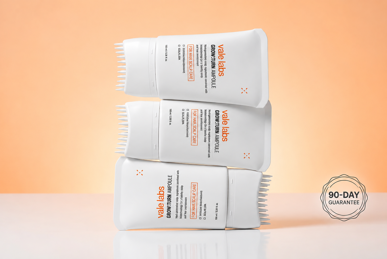 Three Vale Labs GROW:TURN Ampoule tubes with the 90-day guarantee seal