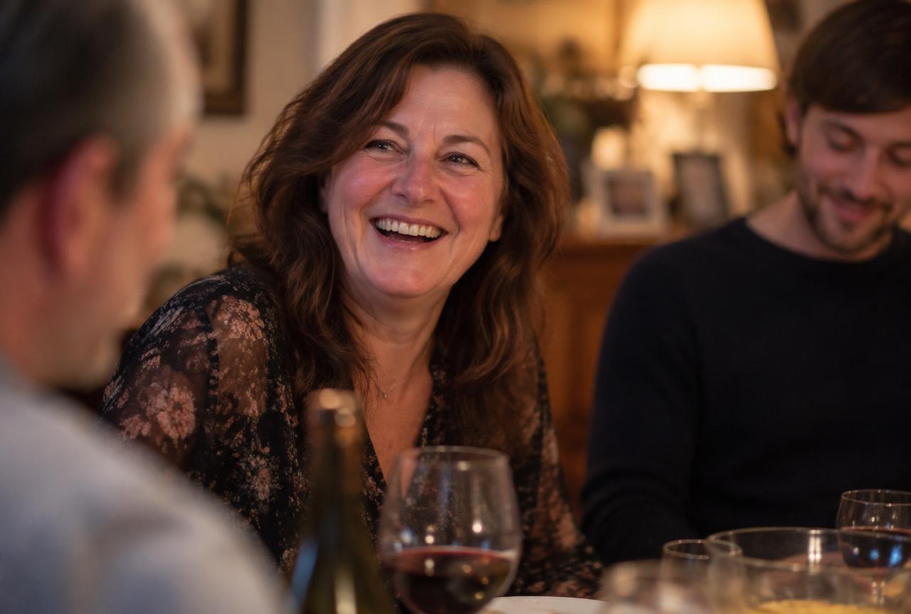 A woman in her fifties laughing at a family dinner, hair worn down
